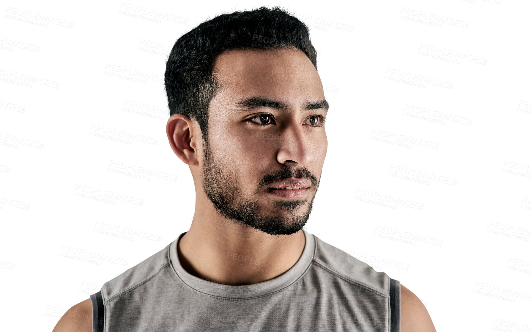 Buy stock photo Face, thinking and fitness with a sports man isolated on a transparent background for health or wellness. Idea, exercise and workout with a young male athlete training on PNG closeup for a challenge