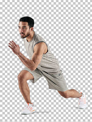 Buy stock photo Fitness, focus and start with man and running on transparent background for training, workout and health. Energy, speed and cardio with male runner isolated on png for sports, exercise and action