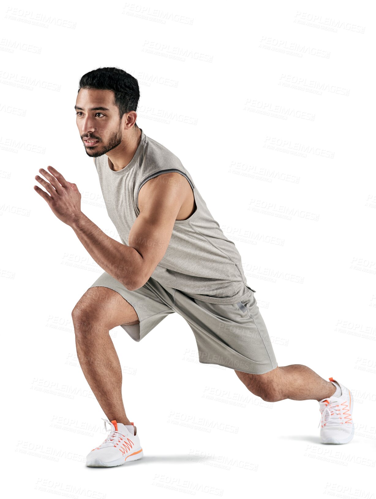 Buy stock photo Fitness, focus and start with man and running on transparent background for training, workout and health. Energy, speed and cardio with male runner isolated on png for sports, exercise and action