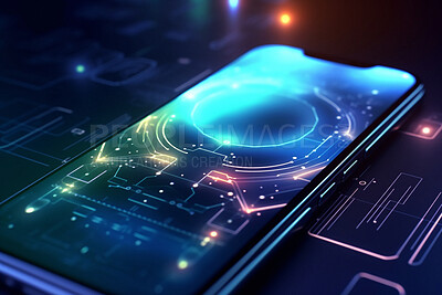 Closeup, phone and screen with global abstract of 3d circuit board, communication and networking software app. Ai generated, mobile and technology ux for cyber security, big data and web 3.0 ui