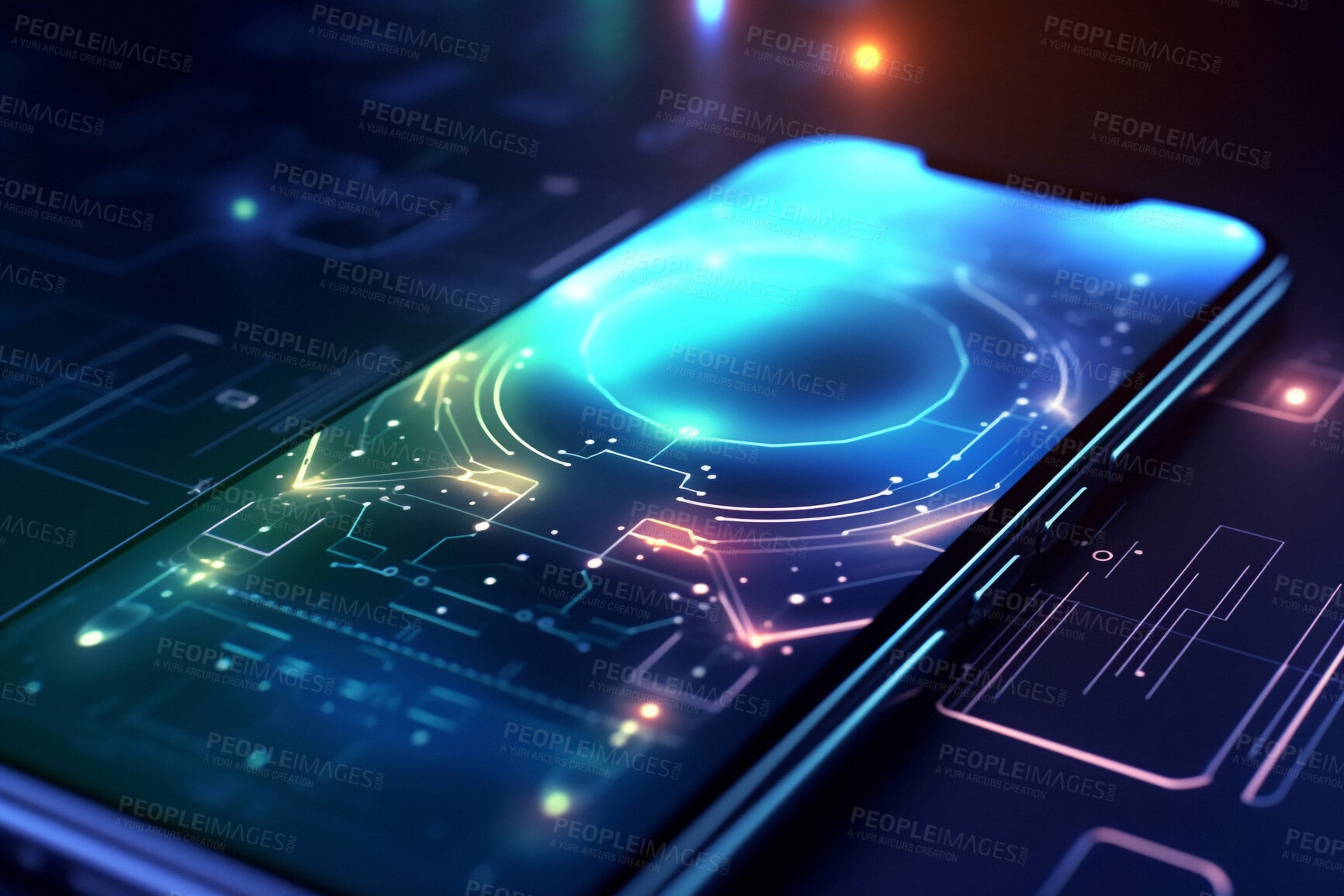 Buy stock photo Closeup, phone and screen with global abstract of 3d circuit board, communication and networking software app. Ai generated, mobile and technology ux for cyber security, big data and web 3.0 ui