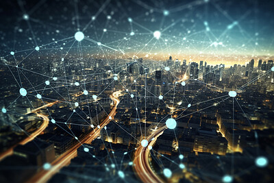 Smart city, night and communication grid with networking line, pattern and ai generated for above town in motion blur. Top view, busy and cityscape skyline with big data, cloud and futuristic design