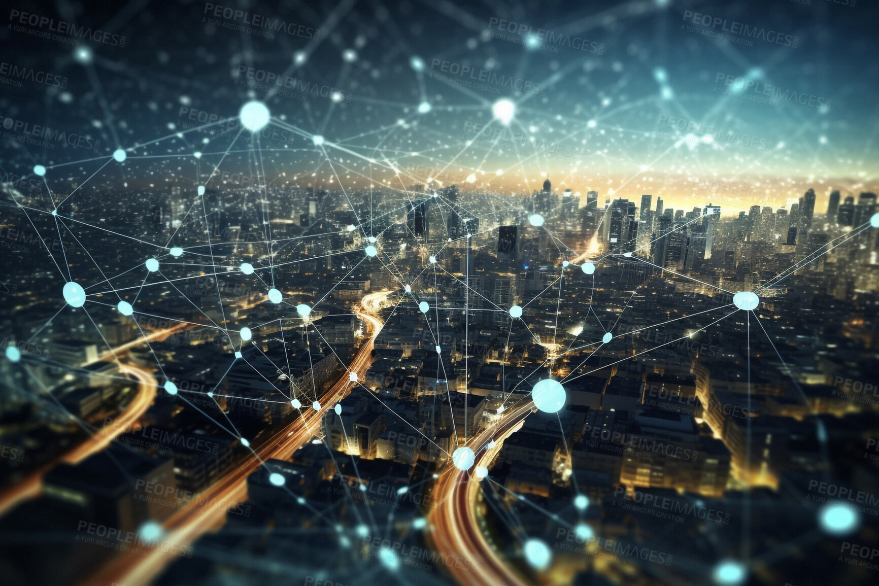 Buy stock photo Smart city, night and communication grid with networking line, pattern and ai generated for above town in motion blur. Top view, busy and cityscape skyline with big data, cloud and futuristic design