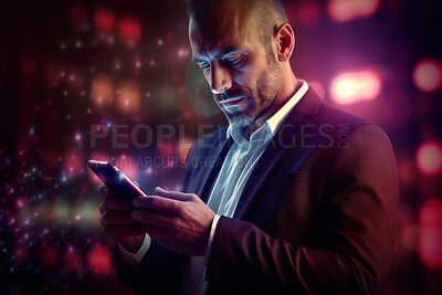 Businessman, phone and typing in city night for networking, communication and social media. Mature worker, employee and ai generated person on mobile technology and working late on deadline schedule