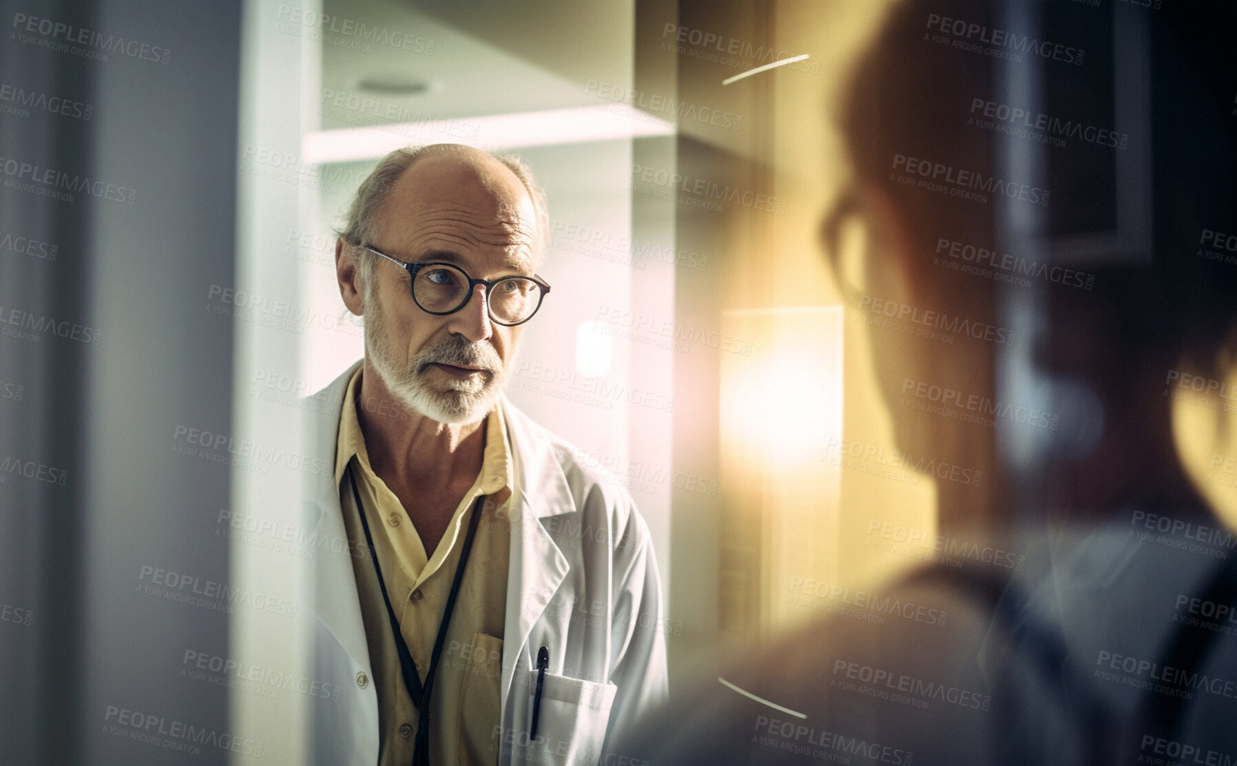 Buy stock photo Senior doctor, consultation and patient in hospital for surgery results, healthcare and wellness checkup. Talking, man and ai generated person in medical appointment for routine medicine visit