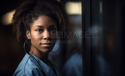 Black woman, nurse and face in hospital with trust, confidence and serious in medical clinic for professional about us. African portrait, ai generated and healthcare worker working late at night