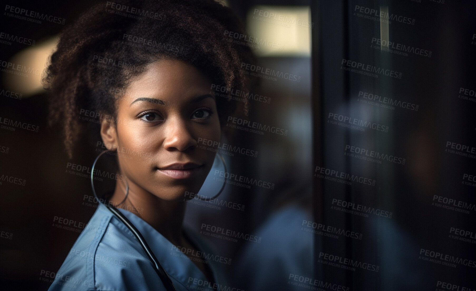 Buy stock photo Black woman, nurse and face in hospital with trust, confidence and serious in medical clinic for professional about us. African portrait, ai generated and healthcare worker working late at night