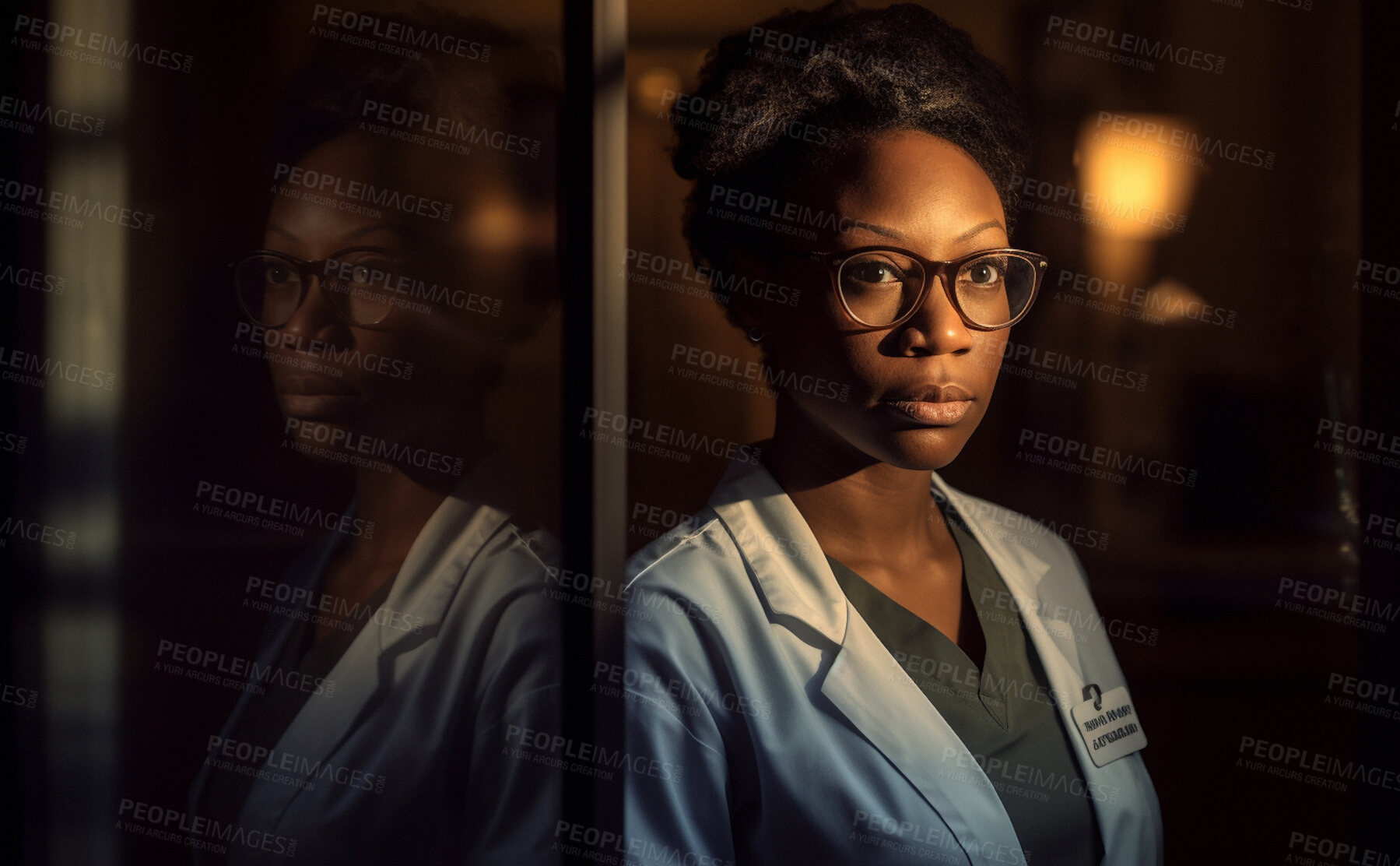 Buy stock photo Black woman, serious and thinking doctor in hospital at sunrise for wellness future, planning and vision ideas. Ai generated, African healthcare worker and professional standing in clinic at sunrise