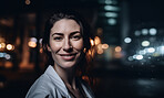 Woman, doctor and face at night by hospital window with trust, confidence and smile while working late in medical clinic. Gp portrait, happy and ai generated healthcare worker on mockup bokeh space