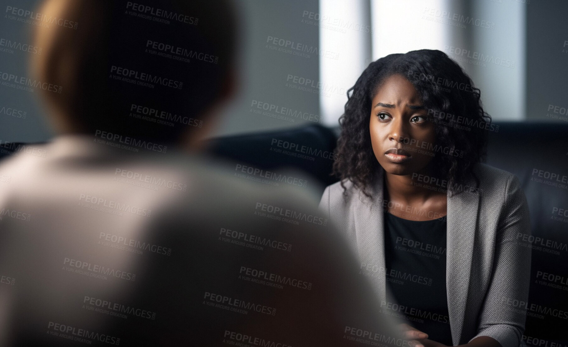 Buy stock photo Black woman, sad and thinking in psychologist clinic for mental health, bipolar or stress help. African patient, person and ai generated counsellor in consultation for burnout, anxiety and depression