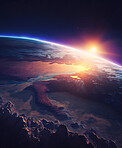 Earth, surface and space sunrise over mountains in landscape, world and planet environment in morning. Ai generated, sunset and sun flare over serene view of nature for evening astronomy exploration