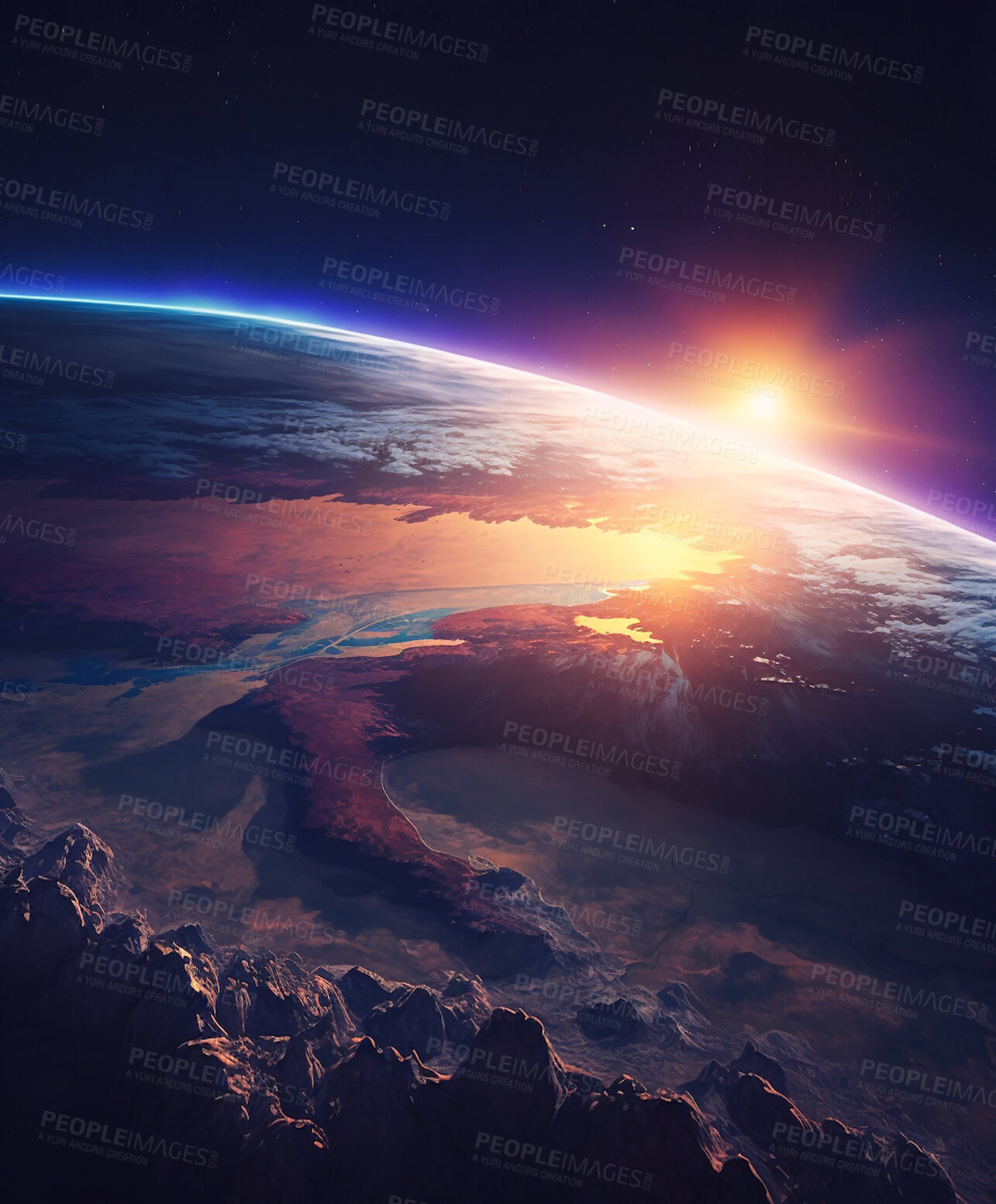 Buy stock photo Earth, surface and space sunrise over mountains in landscape, world and planet environment in morning. Ai generated, sunset and sun flare over serene view of nature for evening astronomy exploration