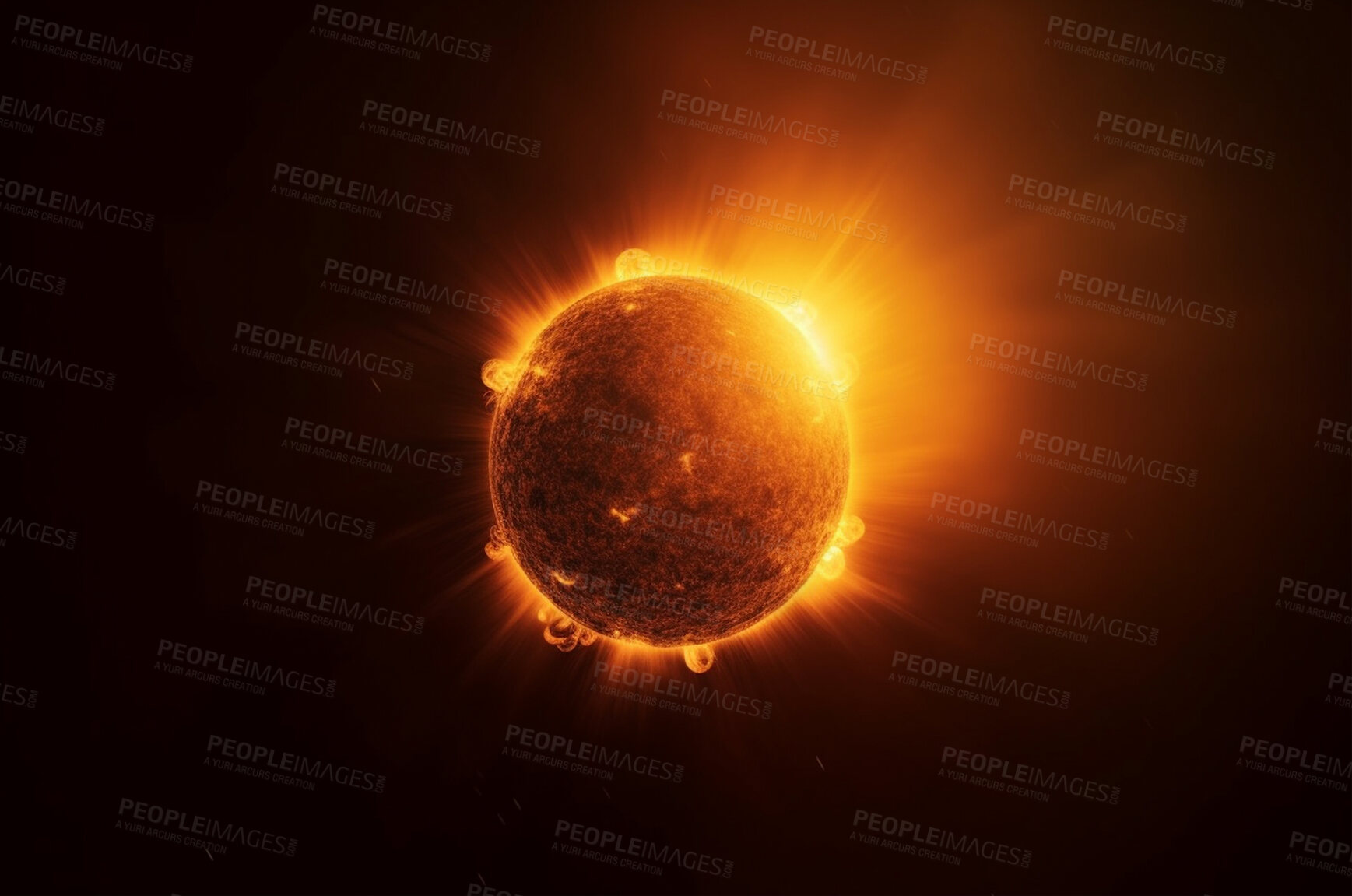 Buy stock photo Sun flare, solar and fire burn in dark sky for astrology, universe and galaxy space in science research. Ai generated, climate change and hot planet with moon eclipse, cosmic waves and global warming