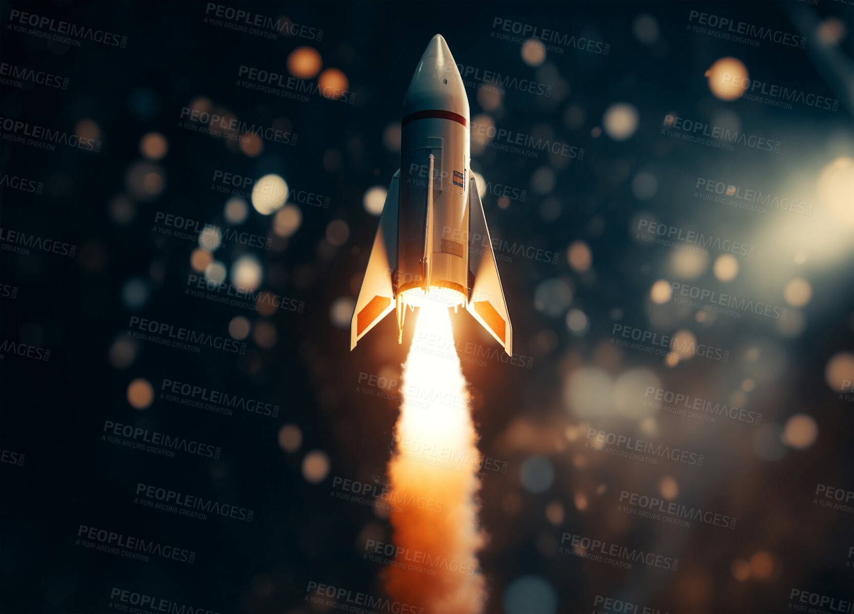 Buy stock photo Space ship fire, dark sky and rocket in take off, adventure and atmosphere for exploration, discovery mission or science research. Ai generated, shuttle and travel in solar system, universe or galaxy