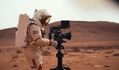 Astronaut, person or camera for mars planet photography, science research or exploration review in navigation discovery. Ai generated, photography and equipment for space travel scientist or spaceman