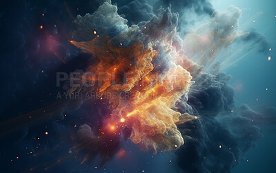 Nebula, cosmos and dust cloud in dark sky of astrology, universe and space supernova for science research. Ai generated, color and solar system flare with galaxy, explosion and cosmic gas background