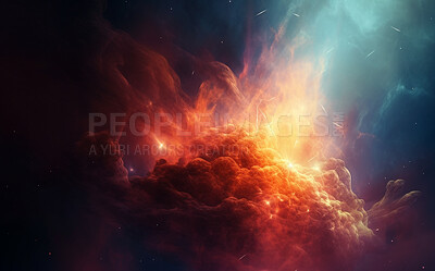 Nebula, cosmos and dust cloud in dark sky of astrology, universe and space  supernova for science research. Ai generated, color and solar system flare  with galaxy, explosion and cosmic gas background