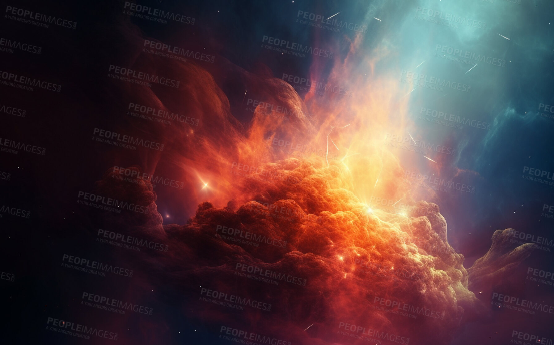 Buy stock photo Galaxy, space and dust cloud in dark sky of astrology, universe and nebula cosmos for science research. Ai generated, color and solar system flare with supernova, explosion and cosmic gas background