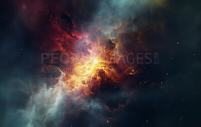 Nebula, solar system and dust cloud in dark sky of astrology, universe and galaxy cosmos for science research. Ai generated, color and space flare with supernova, explosion and cosmic gas background