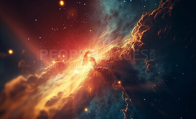 Nebula, space and dust cloud in dark sky of astrology, universe and solar system cosmos for science research. Ai generated, color and galaxy flare with supernova, explosion and cosmic gas background