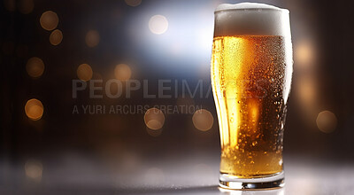 Closeup drink, beer and alcohol glass on table in night club, restaurant and party for celebration, new year and evening event. Ai generated, pint and draught beverage isolated on bokeh mockup space