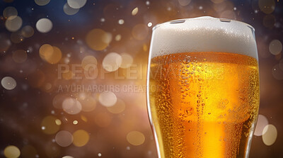 Closeup foam, beer and alcohol glass on table in night club, restaurant and party for celebration, new year and evening event. Ai generated, pint and draught beverage isolated on bokeh mockup space