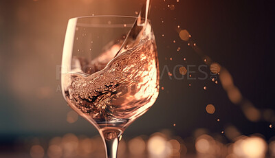 Closeup, pouring or rose in glass on table in night club, restaurant and party for celebration, new year and late event. Ai generated, drink and luxury alcohol beverage isolated on bokeh mockup space