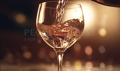 Closeup, pouring or rose in alcohol glass on table in night club, restaurant and party for celebration, new year and late event. Ai generated, drink and luxury beverage isolated on bokeh mockup space