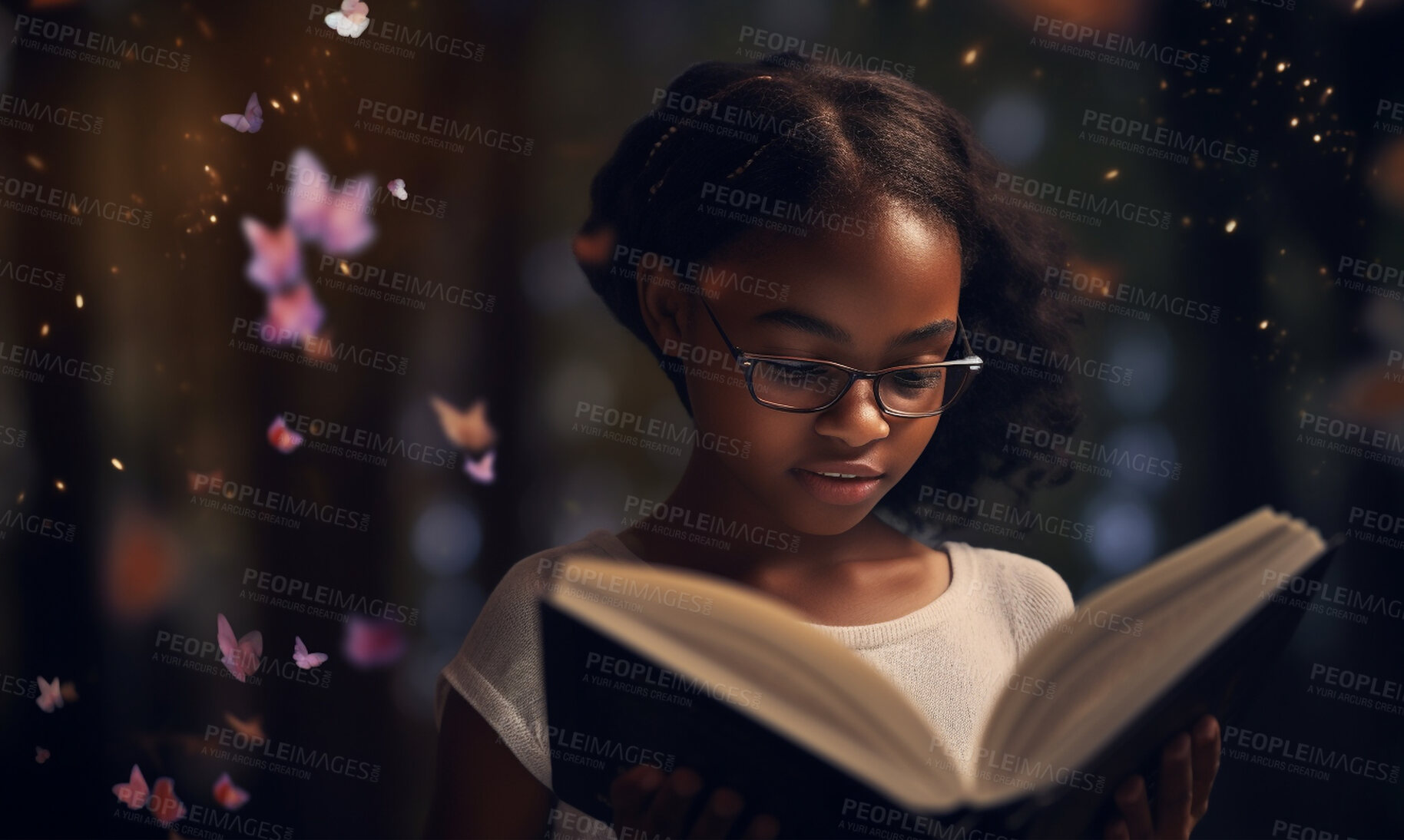 Buy stock photo Fantasy, book and imagination with black girl and reading for fairytale, education and learning. Ai generated, inspiration and butterfly with kid and study for youth, night and child development