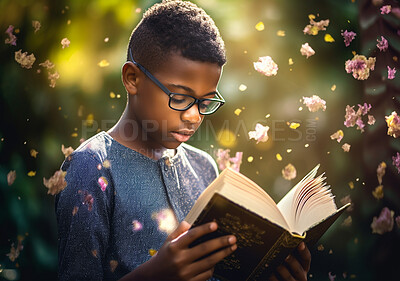 Fantasy, book and education with boy and reading for fairytale, imagination and learning. Ai generated, inspiration and flowers with black kid and study for literature, knowledge or child development