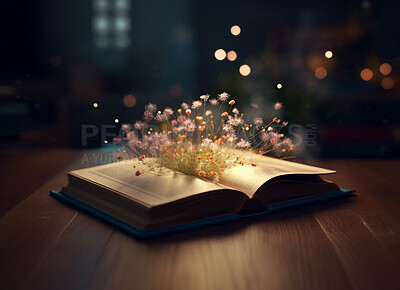 Night, magic and growth with book and plant on table for fairytale, imagination and education. Ai generated, inspiration and fantasy with literature and flowers for magical, learning and development