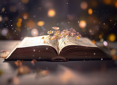 Fantasy, magic and night with book and flower for fairytale, imagination and education. Ai generated, inspiration and growth with literature closeup and plant for magical, learning and development