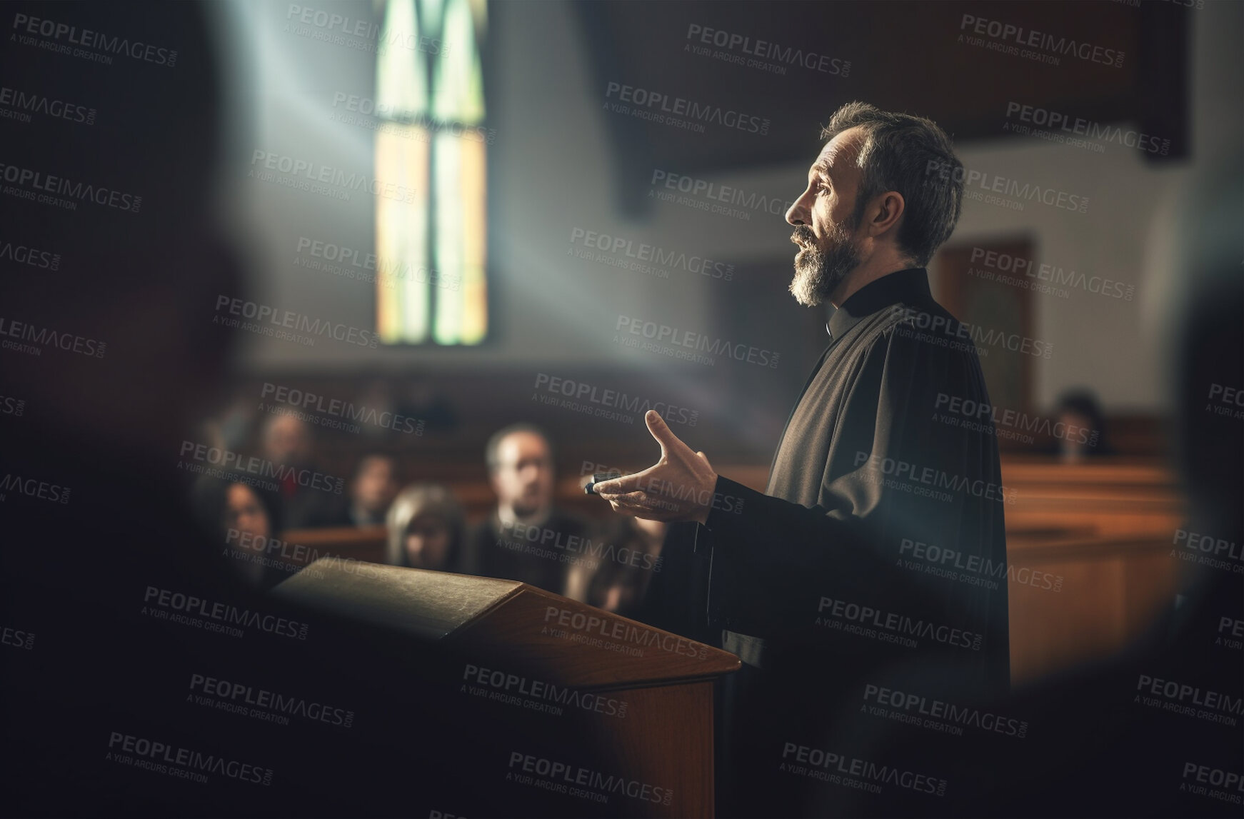 Buy stock photo Prayer, teaching and priest with pastor in church for worship, holy spirit and spirituality. Praying, ai generated and connection with man and traditions for faith, mindfulness and christianity