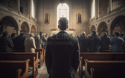 Prayer, back and congregation with man in church for worship, holy spirit and spirituality. Praying, ai generated and connection with person and traditions for faith, mindfulness and christianity
