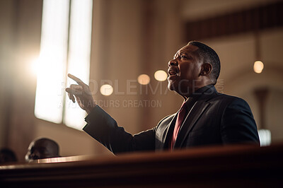 Buy stock photo Prayer, christian and pastor with black man in church for worship, holy spirit or spirituality. Praying, ai generated and connection with person and traditions for faith, mindfulness and Christianity