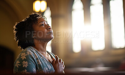 Buy stock photo Prayer, christian and thinking with black woman in church for worship, holy spirit and spirituality. Praying, ai generated and connection with person and faith traditions, mindfulness or Christianity
