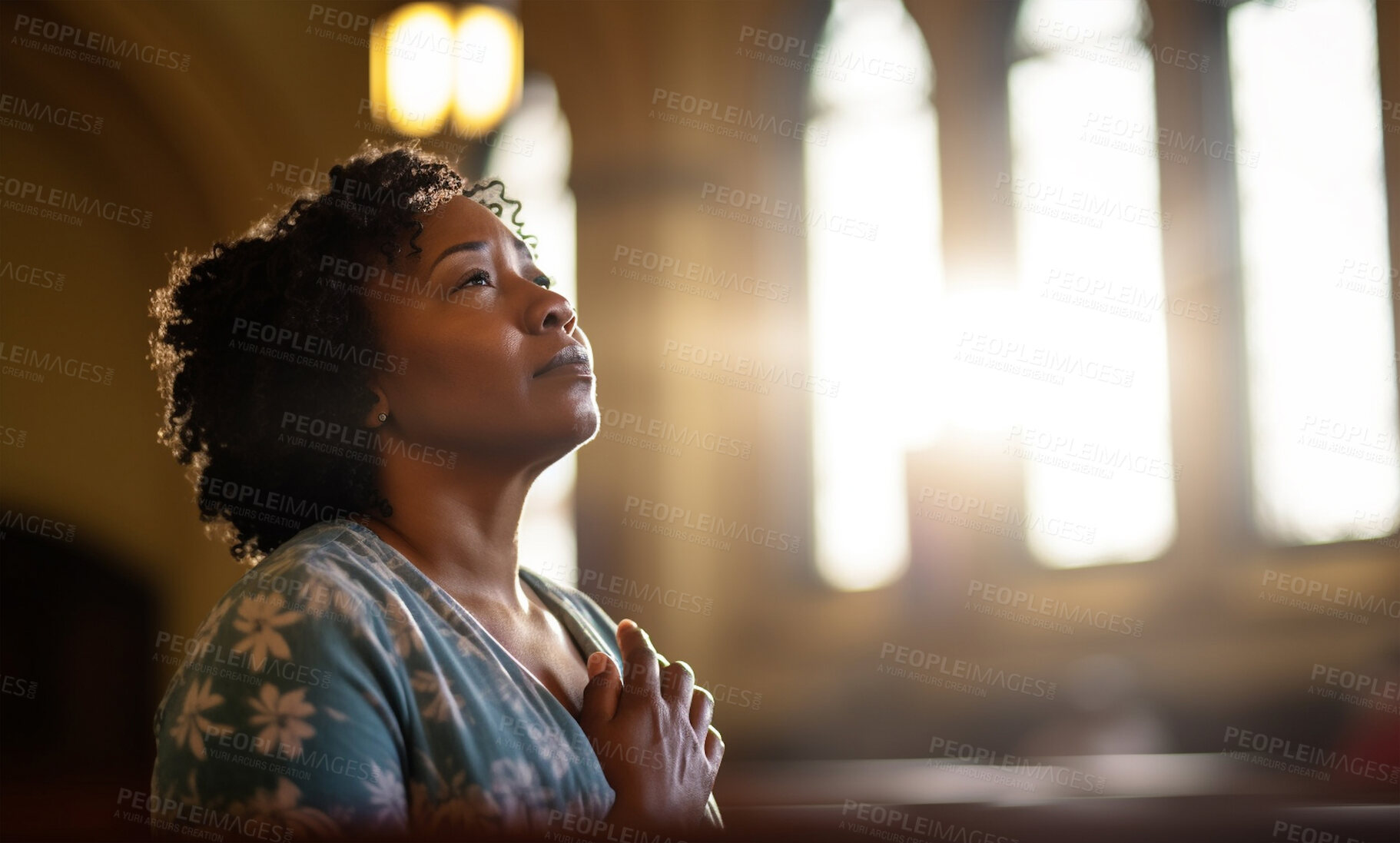 Buy stock photo Prayer, christian and thinking with black woman in church for worship, holy spirit and spirituality. Praying, ai generated and connection with person and faith traditions, mindfulness or Christianity