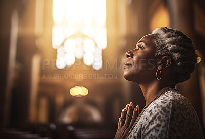 Prayer, christian and god with black woman in church for worship, holy spirit and spirituality. Praying, ai generated and connection with person and traditions for faith, mindfulness and Christianity