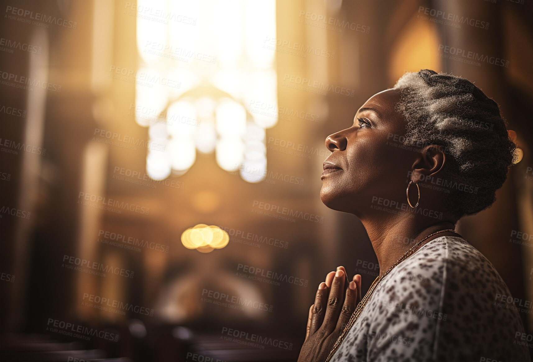 Buy stock photo Prayer, christian and god with black woman in church for worship, holy spirit and spirituality. Praying, ai generated and connection with person and traditions for faith, mindfulness and Christianity