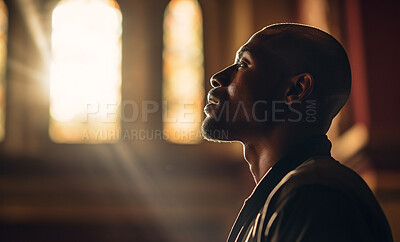 Prayer, christian and thinking with black man in church for god, holy spirit and spirituality. Praying, ai generated and connection with person and traditions for faith, mindfulness and Christianity