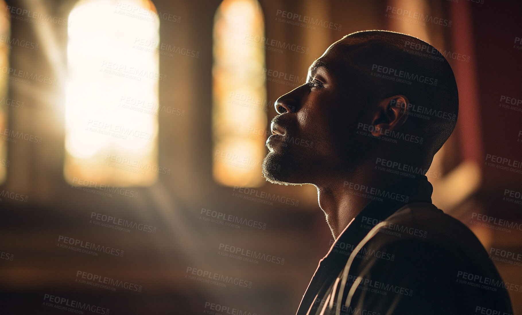 Buy stock photo Prayer, christian and thinking with black man in church for god, holy spirit and spirituality. Praying, ai generated and connection with person and traditions for faith, mindfulness and Christianity