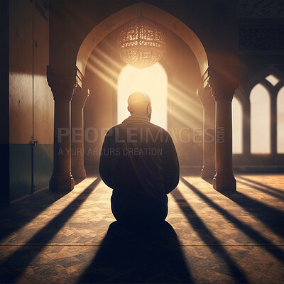 Buy stock photo Prayer, islam and worship with man in mosque for god, holy quran and spirituality. Praying, ai generated and Islamic with person in Muslim pray traditions for faith, mindfulness and Ramadan kareem