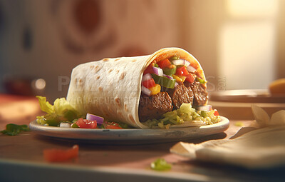 Food, kitchen and fine dining with shawarma in restaurant for health, hospitality and nutrition. Menu, diet and ai generated with closeup of middle eastern cuisine for dinner, cooking and retail