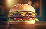 Fast food, kitchen and beef with burger in restaurant for health, hospitality and nutrition. Menu, diet and ai generated with closeup of American cuisine in cafe for dinner, cooking and retail