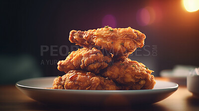 Food, kitchen and honey with fried chicken in restaurant for health, hospitality and nutrition. Menu, diet and ai generated with closeup of American cuisine in cafe for dinner, cooking and retail