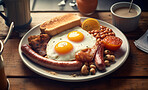 Food, kitchen and eggs with english breakfast in restaurant for health, hospitality and nutrition. Menu, diet and ai generated with closeup of British cuisine for dinner, cooking and retail