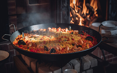 Food, kitchen and fine dining with paella in restaurant for health, hospitality and nutrition. Menu, diet and ai generated with closeup of Spanish cuisine in cafe for dinner, cooking and retail