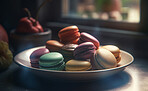 Food, kitchen and bakery with macarons in restaurant for health, hospitality and nutrition. Menu, diet and ai generated with closeup of french cuisine in cafe for coffee shop, dessert and retail