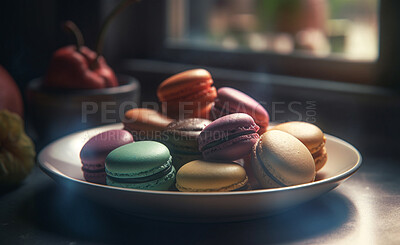 Food, kitchen and bakery with macarons in restaurant for health, hospitality and nutrition. Menu, diet and ai generated with closeup of french cuisine in cafe for coffee shop, dessert and retail