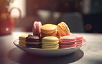 Food, dessert and bakery with macarons in restaurant for health, hospitality and nutrition. Menu, diet and ai generated with closeup of french cuisine in cafe for coffee shop, kitchen and retail